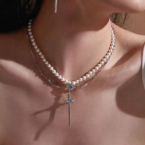 Korean Vintage Crystal Cross Sword Pearl Silver Necklace